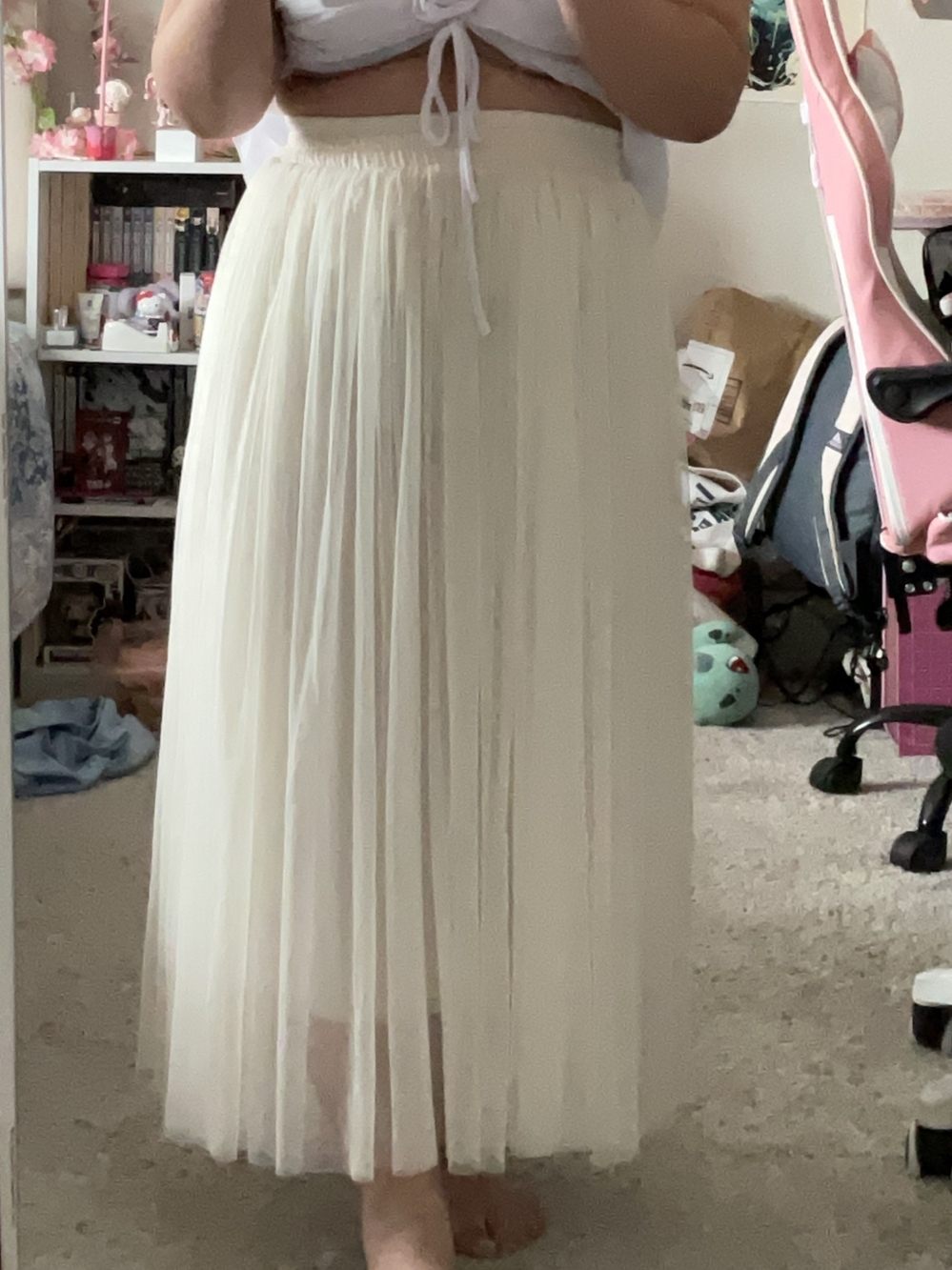 Cream Midi Pleated Tulle Skirt with Elastic Waistband